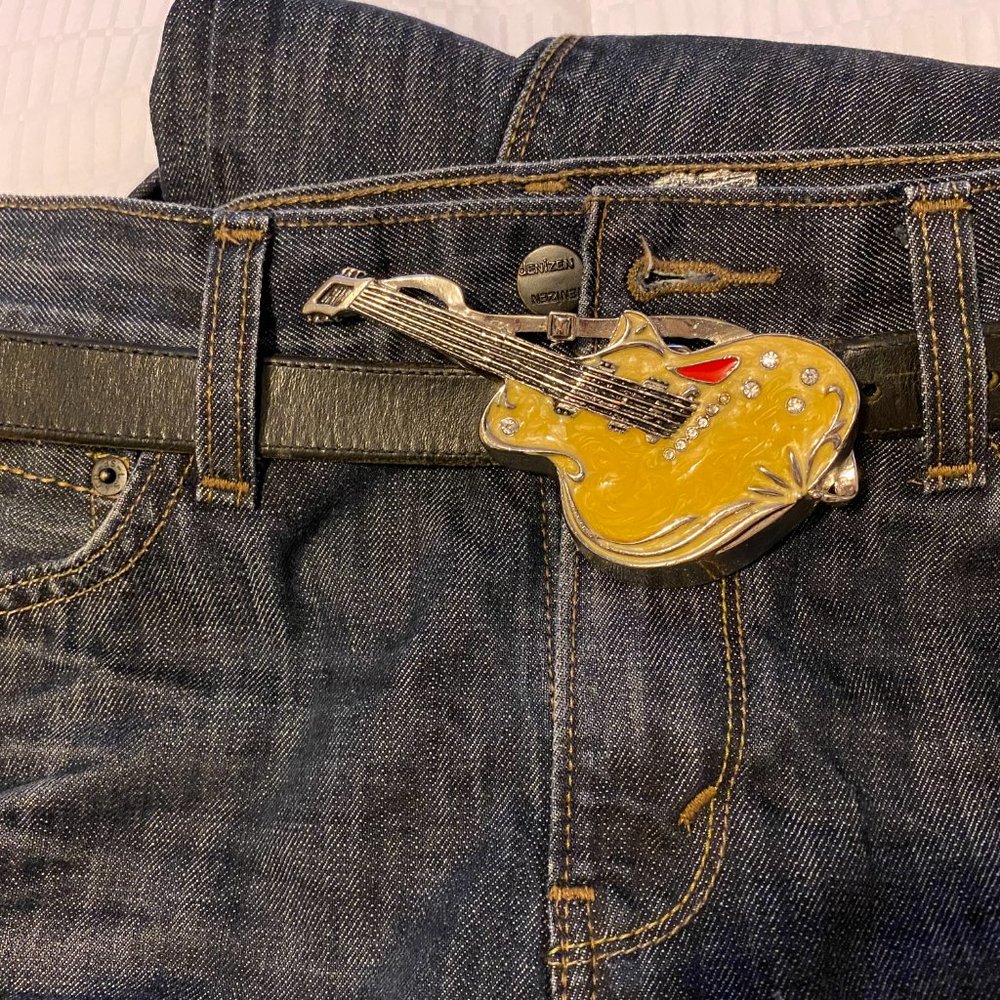 Vintage Yellow Guitar Belt Buckle with Cut Stone Inlay